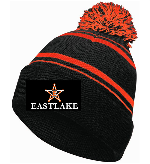 BLACK AND ORANGE ACRYLIC KNIT POM POM HAT (ONE SIZE) emsxcmono