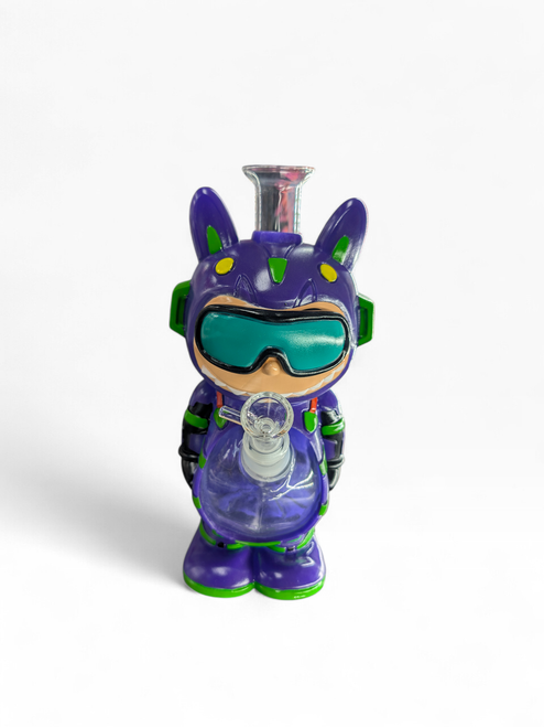Galactic BUBU Mecha water pipe in purple and neon green, featuring a stylized pilot character with tinted goggles and a mecha-suit design.