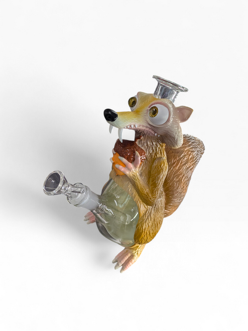 Handcrafted Scrat-inspired squirrel water pipe featuring a detailed 3D resin body with saber-teeth and a clear glass slide bowl
