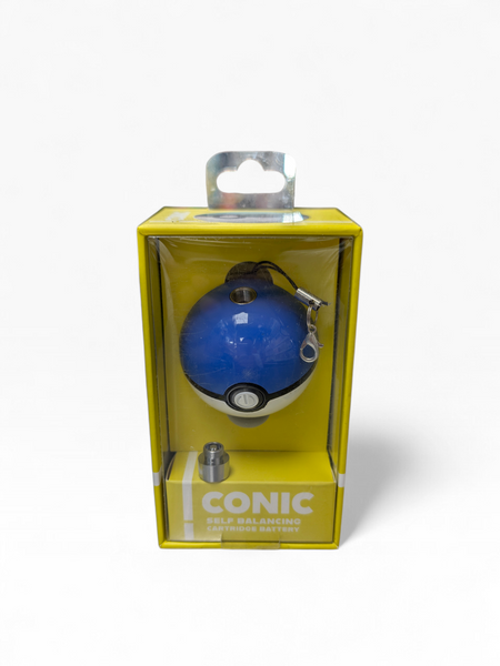Blue and white Iconic Pokeball vape battery with a self-righting weighted bottom and a pre-attached keychain clip.