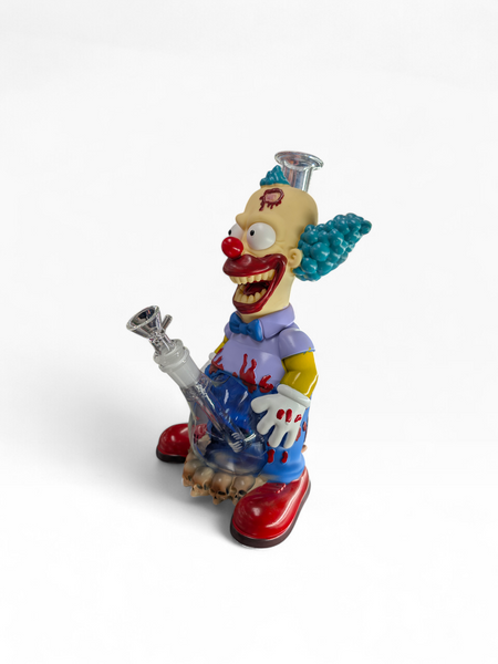 Front view of a Zombie Krusty the Clown water pipe featuring a custom-sculpted face with a menacing grin and blood-spattered clown attire.