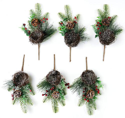 CraftMore Pine and Berry Picks with Frosted Bird Nest 12" Set of 6