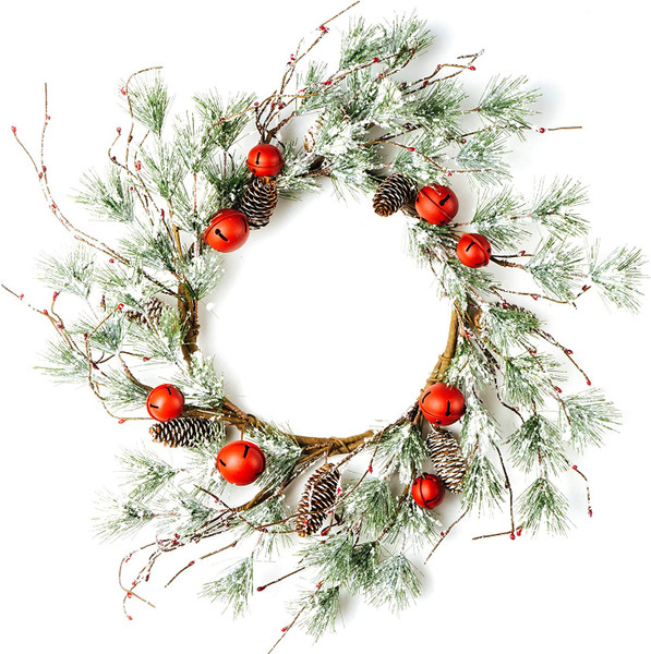 CraftMore Snowy Pine Wreath with Red Jingle Bells 24"