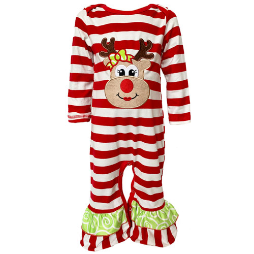 AnnLoren Baby Toddler Girls Boutique Christmas Reindeer Red Striped Romper