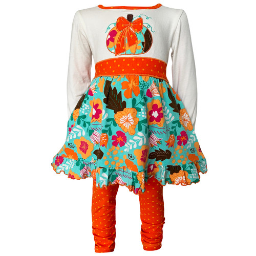 AnnLoren Little and Big Girls Vibrant Autumn Floral Pumpkin Thanksgiving Dress & Leggings