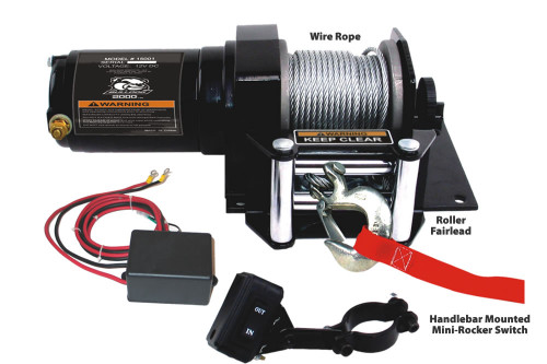 2000lb ATV Winch with Mini-Rocker Switch, Mounting Channel, Roller Fairlead  Bulldog Winch- 15001