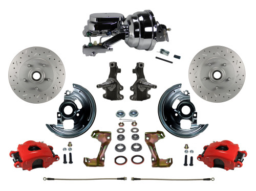 Power Kit W/ 2" Drop Spindles Drilled Rotors & Red Calipers - LEED Brakes RFC1003-N6B4X