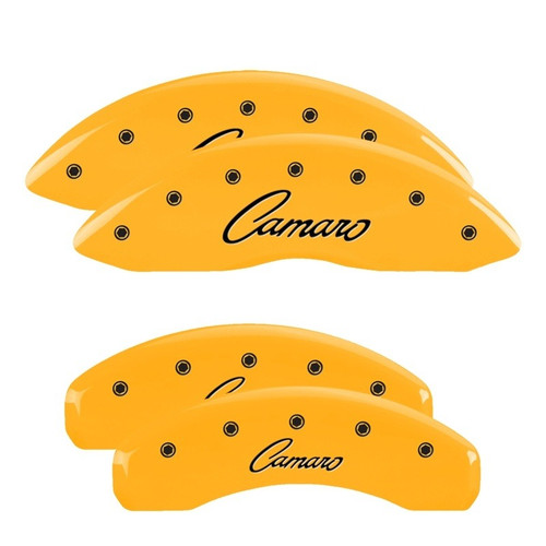 MGP 4 Caliper Covers Engraved Front & Rear Cursive/Camaro Yellow - 14033SCCSYL
