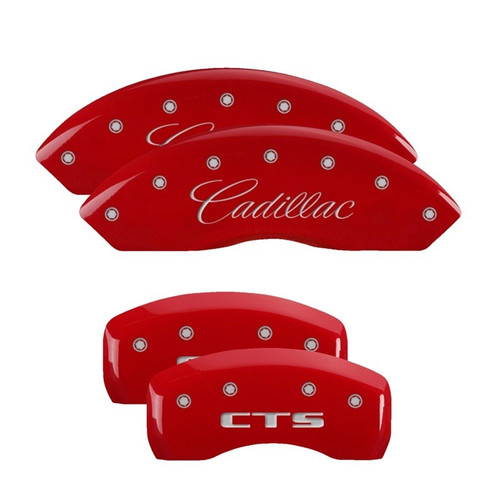 MGP 4 Caliper Covers Engraved Front Cursive/Cadillac Engraved Rear CTS Red - 35010SCTSRD