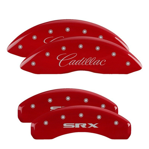 MGP 4 Caliper Covers Engraved Front Cursive/Cadillac Engraved Rear SRX Red - 35003SSRXRD