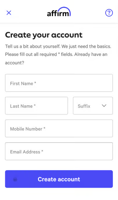 Affirm Second Step to create account