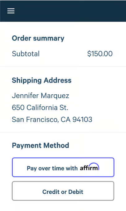Affirm First Step to fill your cart