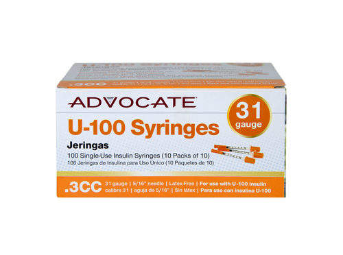 Advocate U-100 Insulin Syringes 31G .3cc 5/16" 100/box (894046001721)