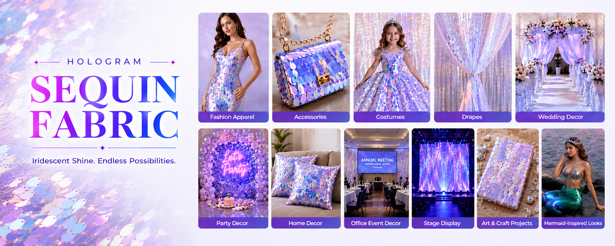Sparkly Sequin, Metallic Lamee, Holographic and Foil Fabrics for Costumes, Dresses, Stage Productions and Event Decorations
