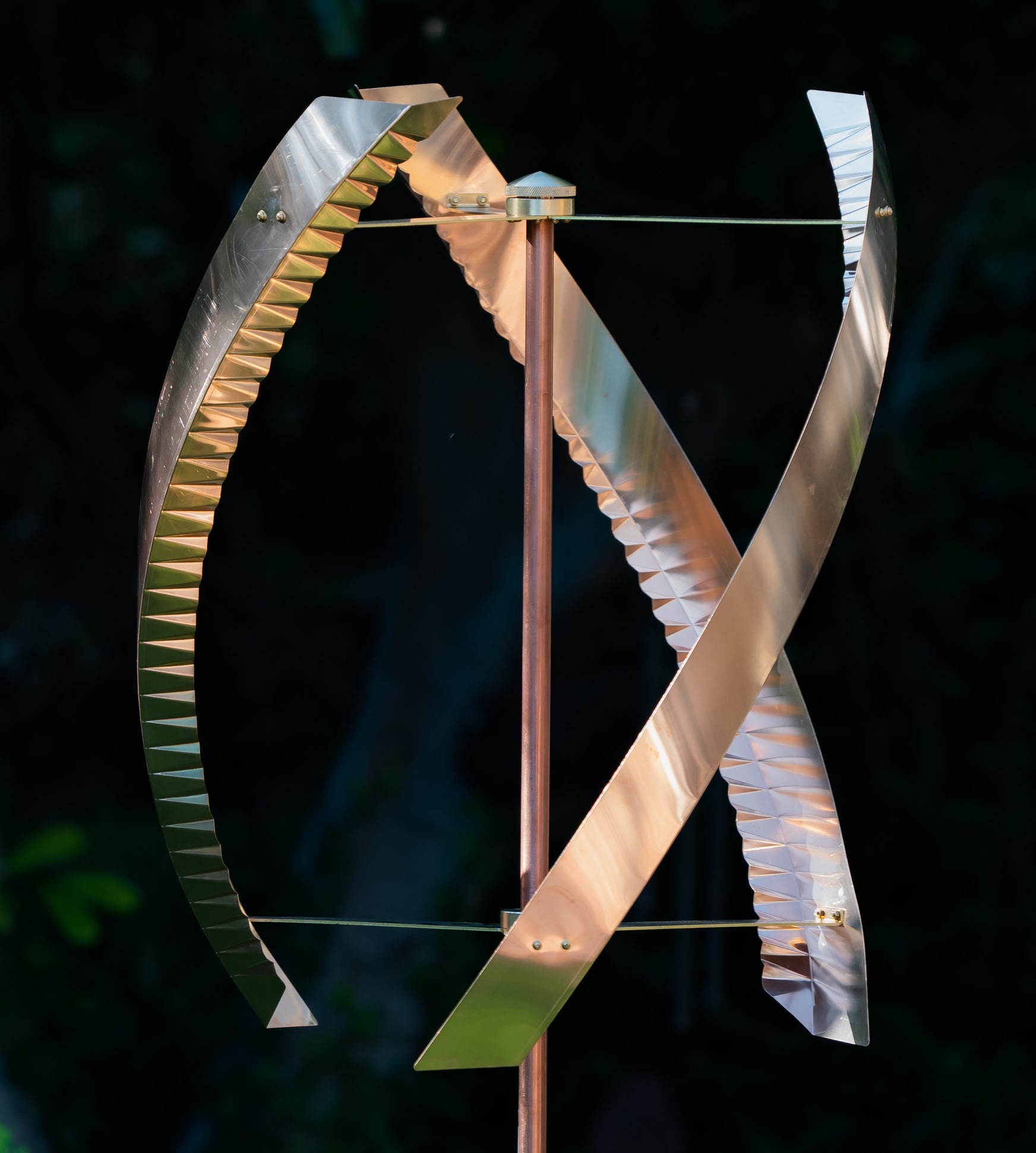 Stanwood Wind Sculpture: Kinetic Copper Triple Spinner - Standing
