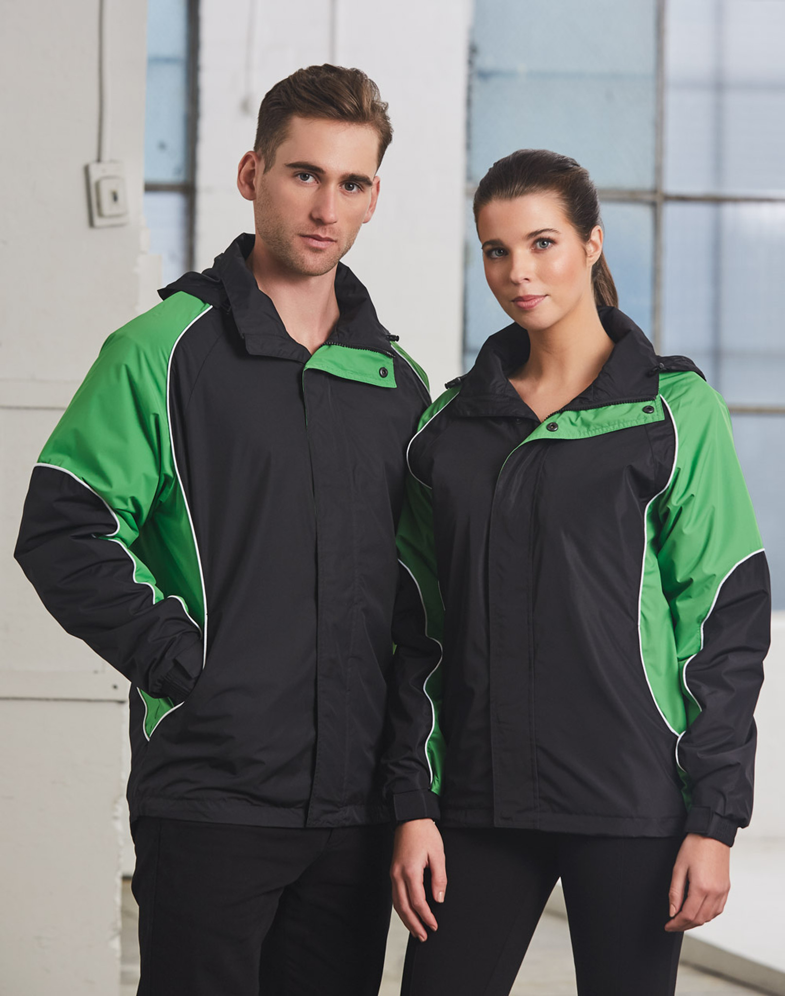 Green jacket store with black sleeves