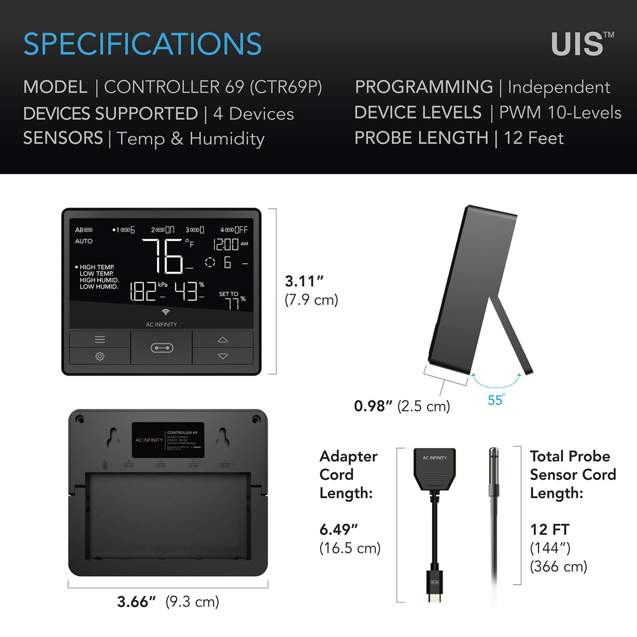 CONTROLLER 75, Smart Outlet Controller, Temperature, Humidity, Schedule  Programs for Two Devices, Data App, Bluetooth - AC Infinity