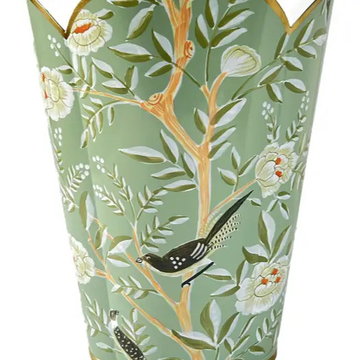 Chinoiserie Bird Scalloped Wastebasket - Celadon Green
