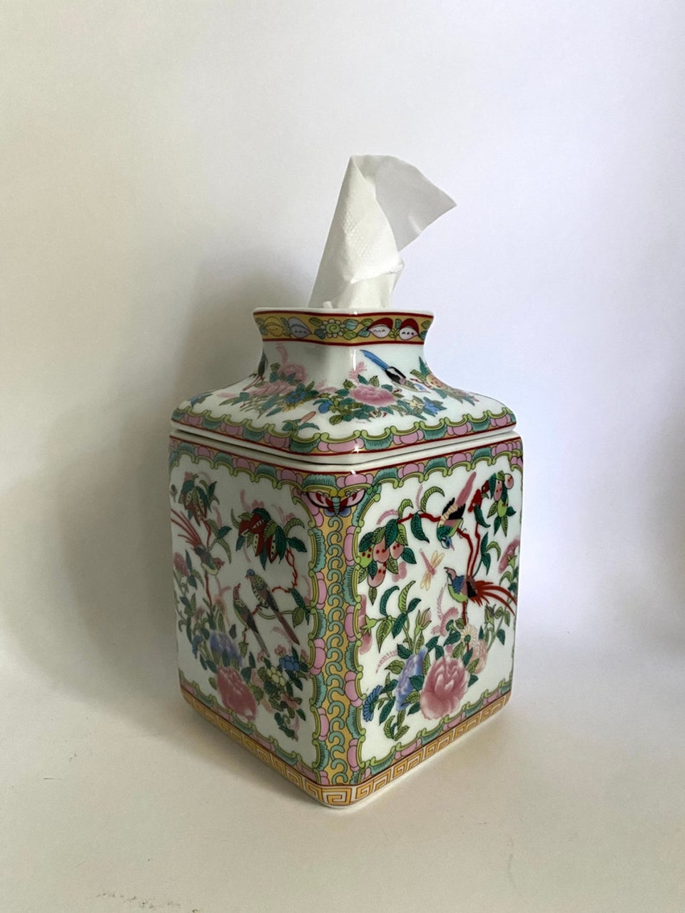 Tissue Box Cover Hand Carved Ceramic Birds and Blossoms 