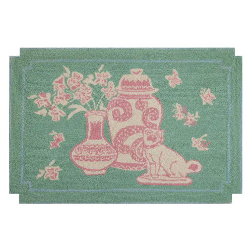 Chinoiserie Green and Pink Dog Ginger Jar and Vase Rug