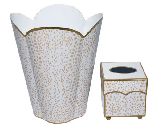 Tan and White Dot Tole Wastebasket and Tissue Holder Set