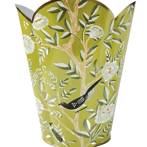 Chinoiserie Bird Scalloped Wastebasket - Citron