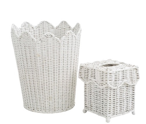 White Wicker Scalloped Wastebasket and Tissue Holder