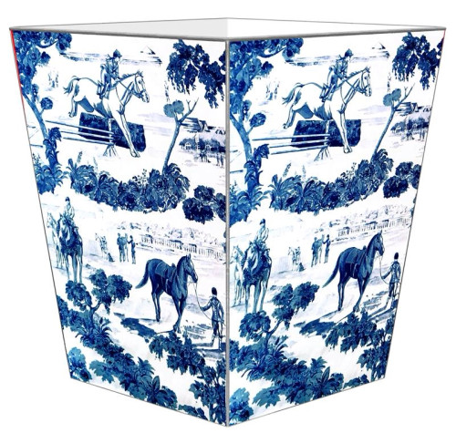 Blue and White Equestrian Wastebasket