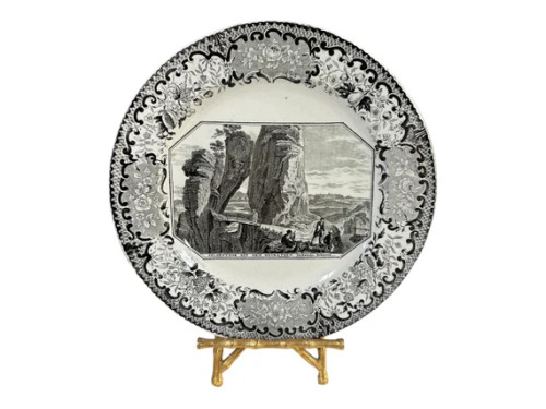 Antique black transferware plate depicting Prebischtor in Saxon Switzerland mountain landscape