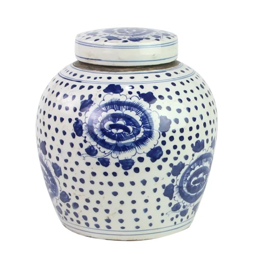 Blue and White Peony and Dots Ginger Jar