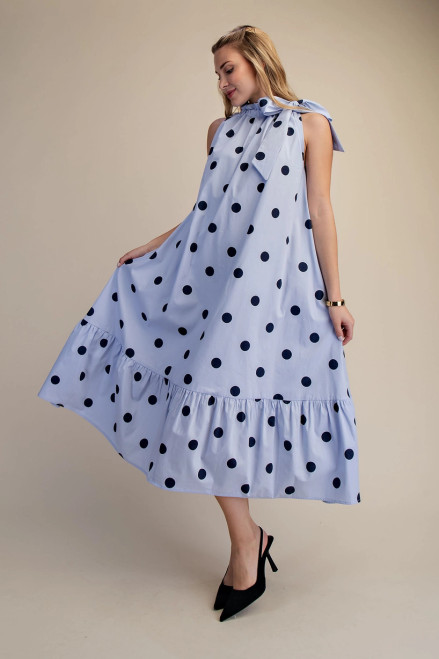 Caroline Blue Polka Dot Tie Neck Midi Dress