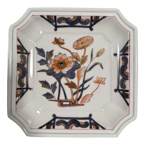 Vintage Chinoiserie Square Lotus Flower Decorative Ceramic Trinket Dish | Catchall