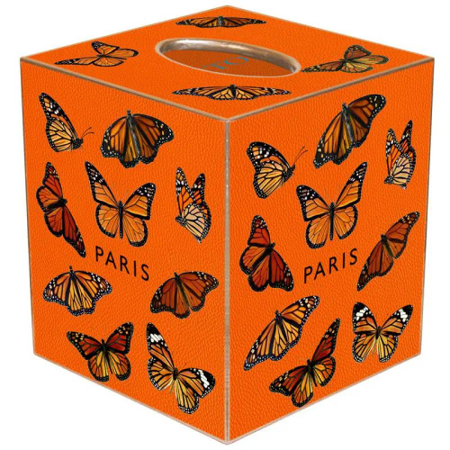 Paris Monarch Butterfly tissue box cover with orange background and hand-painted metallic edges