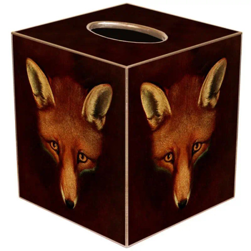 English fox decoupage papier-mâché tissue box cover with mahogany background and hand-painted metallic edges