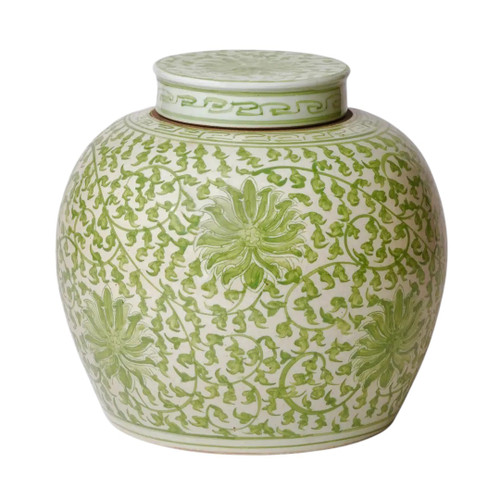 Scrolling Lotus Green and White Porcelain Ginger Jar