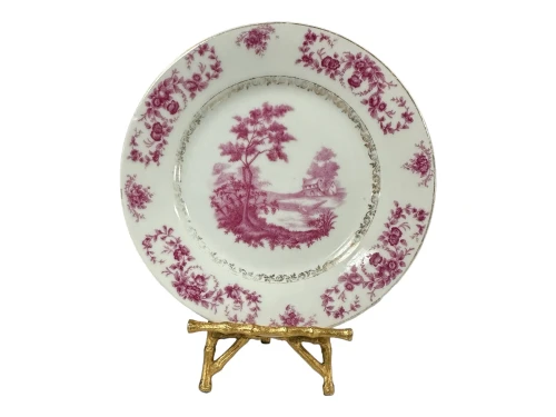 Antique Austrian Mulberry Transferware Scenic Plate with Floral Border