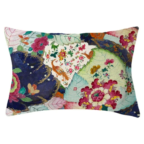 Tobacco Leaf Chinoiserie linen lumbar pillow with colorful birds, peonies and oversized leaves