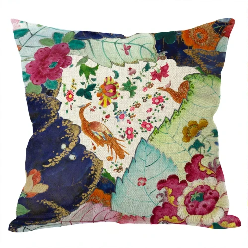 Tobacco Leaf Chinoiserie 16x16 linen square pillow with colorful birds, peonies and oversized leaves