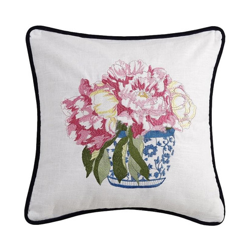 Chinoiserie Blue & White Ginger Jar with Pink Flowers Embroidered Linen Pillow