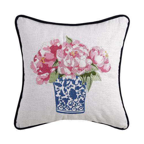Blue & White Vase with Pink Flowers Embroidered Pillow