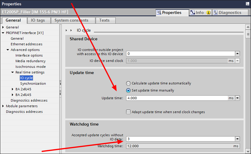 TIA Portal properties panel showing update time setting