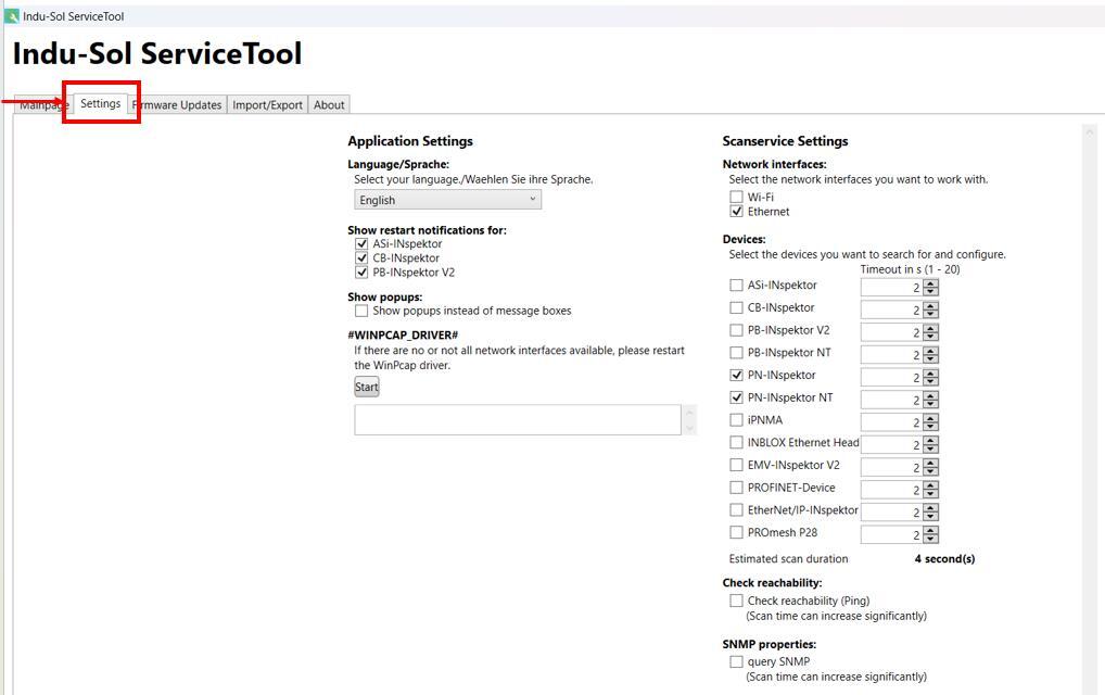 Indu-Sol ServiceTool Settings