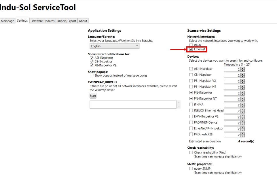 Indu-Sol ServiceTool Select "Ethernet"