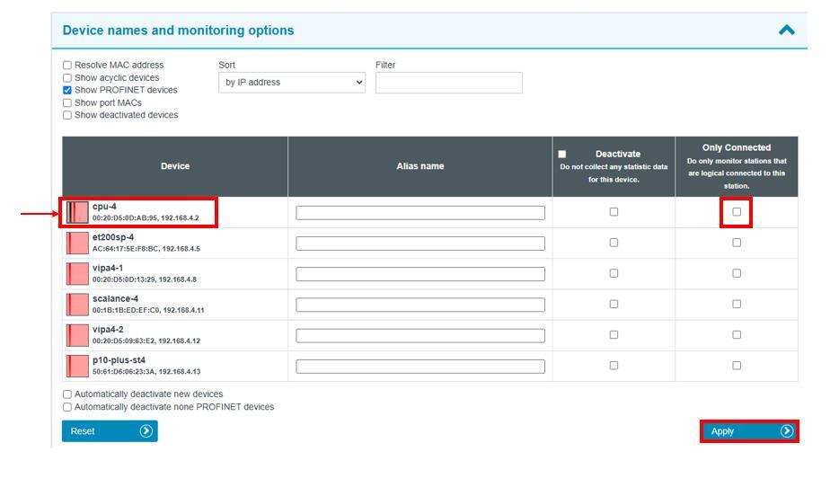 PROFINET-INspektor® NT Device names and monitoring options