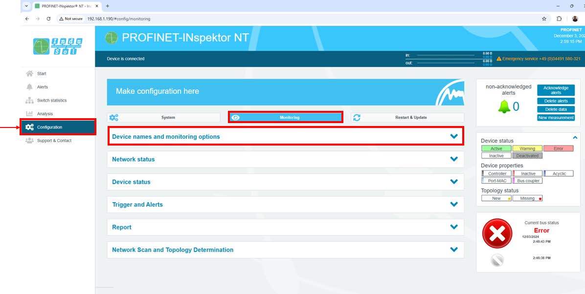 PROFINET-INspektor®: Configuration > Monitoring > Device names and monitoring options