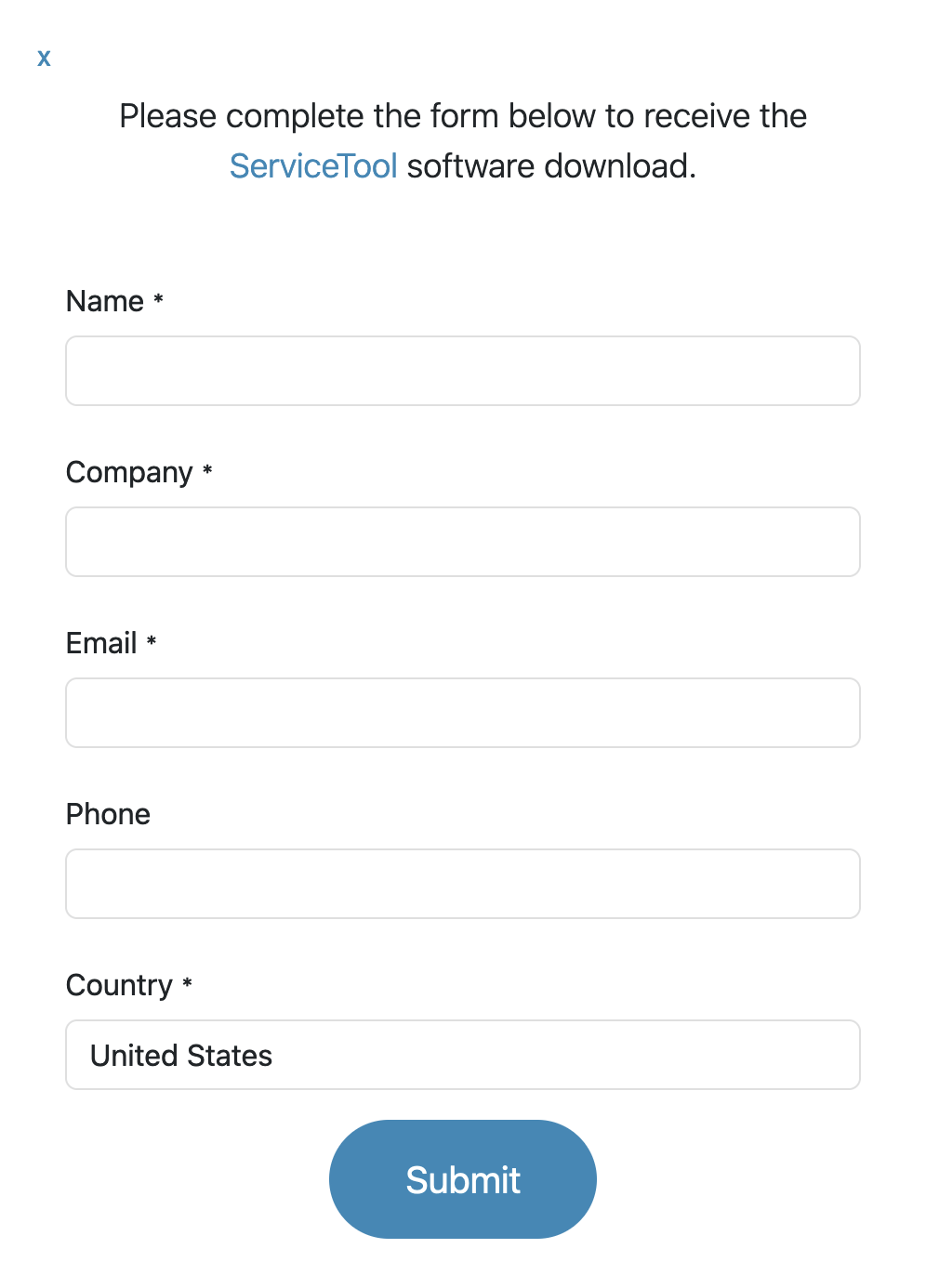 Sample ServiceTool software download form