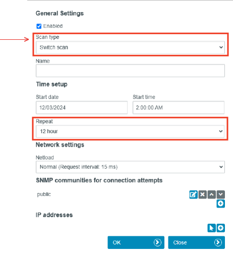 Network Scan and Topology Determination General Settings