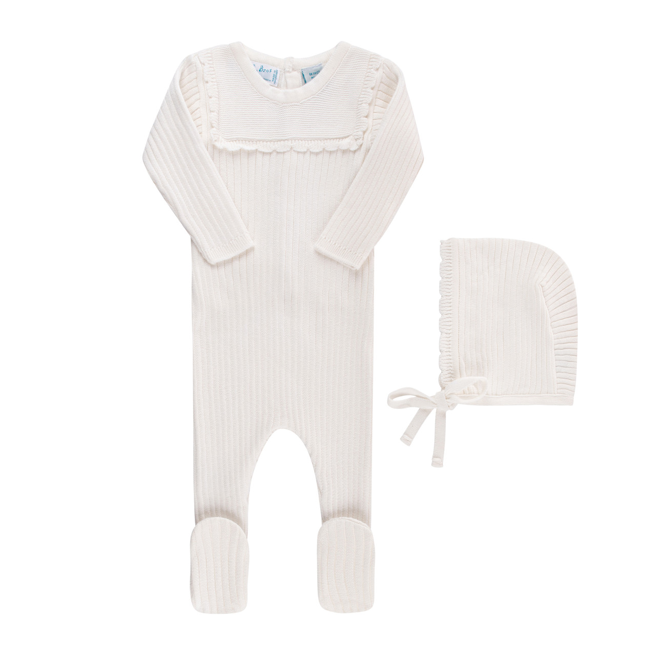 Scallop Trimmed Rib Knit Romper & Bonnet I Newborn Layette