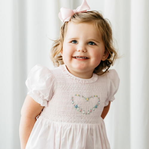 smocked valentines dress Wrenley Heart stitched for an heirloom quality piece Valentine Smocked Dress - Red
