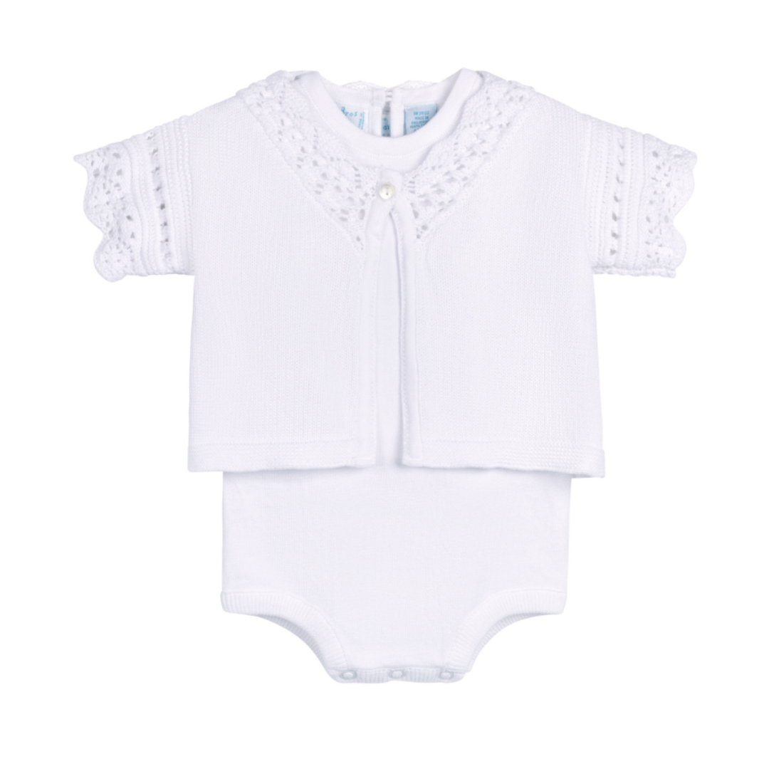 White Crochet Cardigan & Romper Set I Baby 2-Piece White Knit Set
